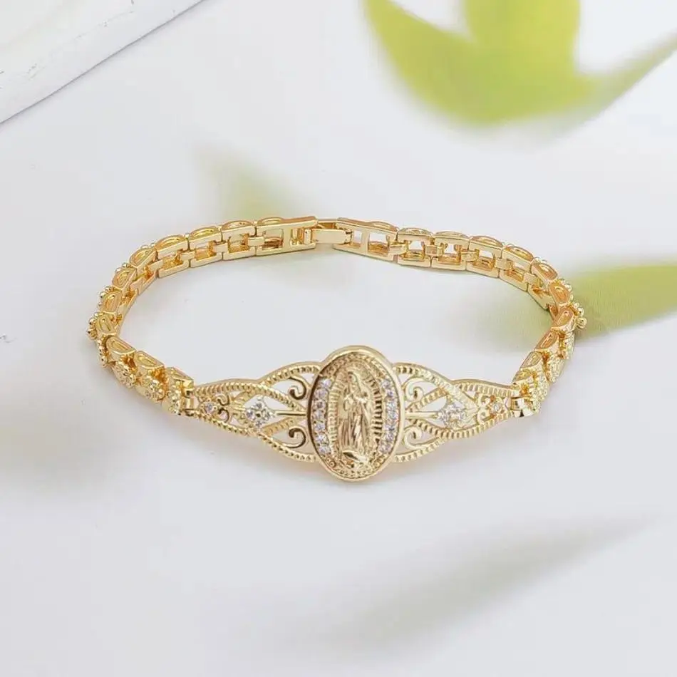 Vintage Virgin Mary Crystal Link Bracelet, Skin-Friendly Anti-Tarnish Jewelry for Women