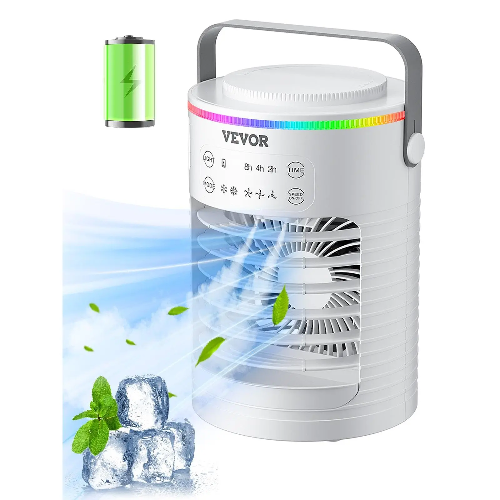 Portable Air Conditioner, 4-in-1 Evaporative Air Cooler, 3-Speed Mini Air Conditioner with Smart Timer, 600ml Water Tank, 7-Color Light, Personal Mini Desk AC Fan for Bedroom Office Room
