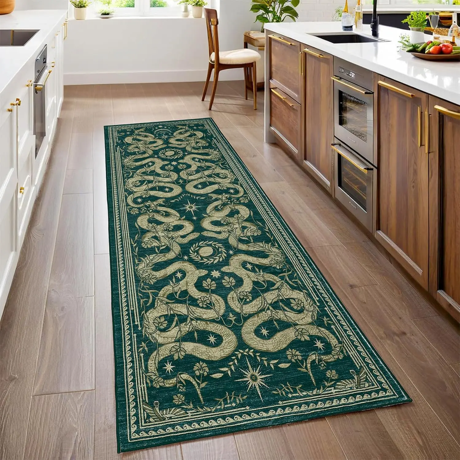 Gaomon Forest Print Snake Runner Rug - Washable, Non-Slip Rubber Back, Soft Low-Pile, Stain-Resistant Thin Carpet for Entryways, Indoor Use, Multi-Size Nature Theme Blue Rug