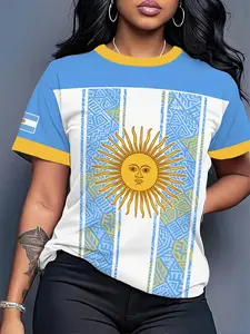 Women's Argentina Team Trendy Short Sleeve T-Shirt, Blue Stripes Geometric Graffiti, Casual Football Fan Tee, Spring & Fall, Streetwear