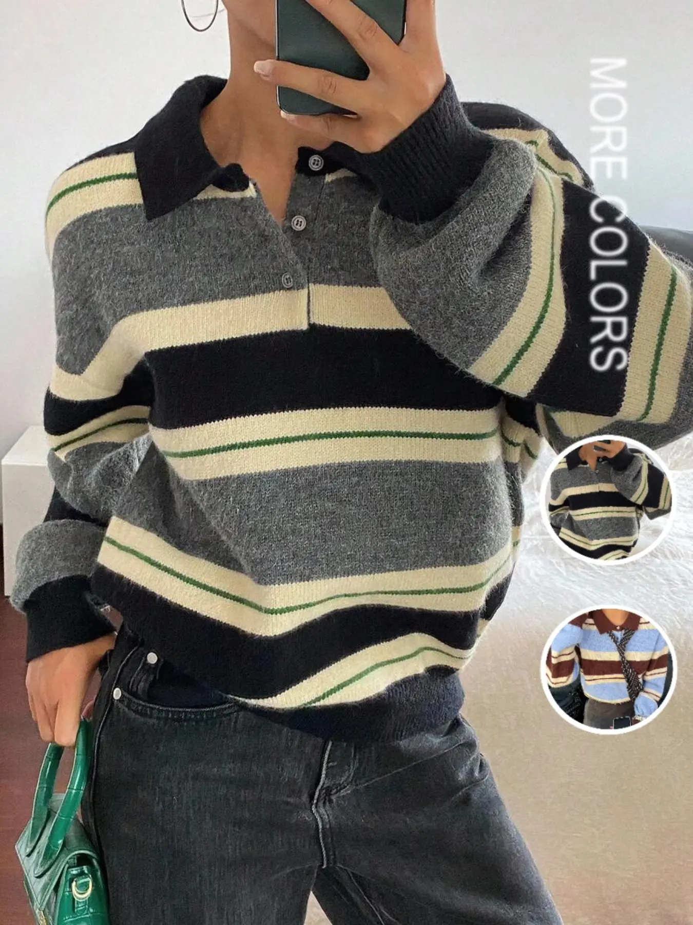 Autumn Winter New Soft Polo Collar Retro Sweater Women Long Sleeve, Colorblock Stripes, Elegant Knit Top, Comfortable Fashionable Casual Wear