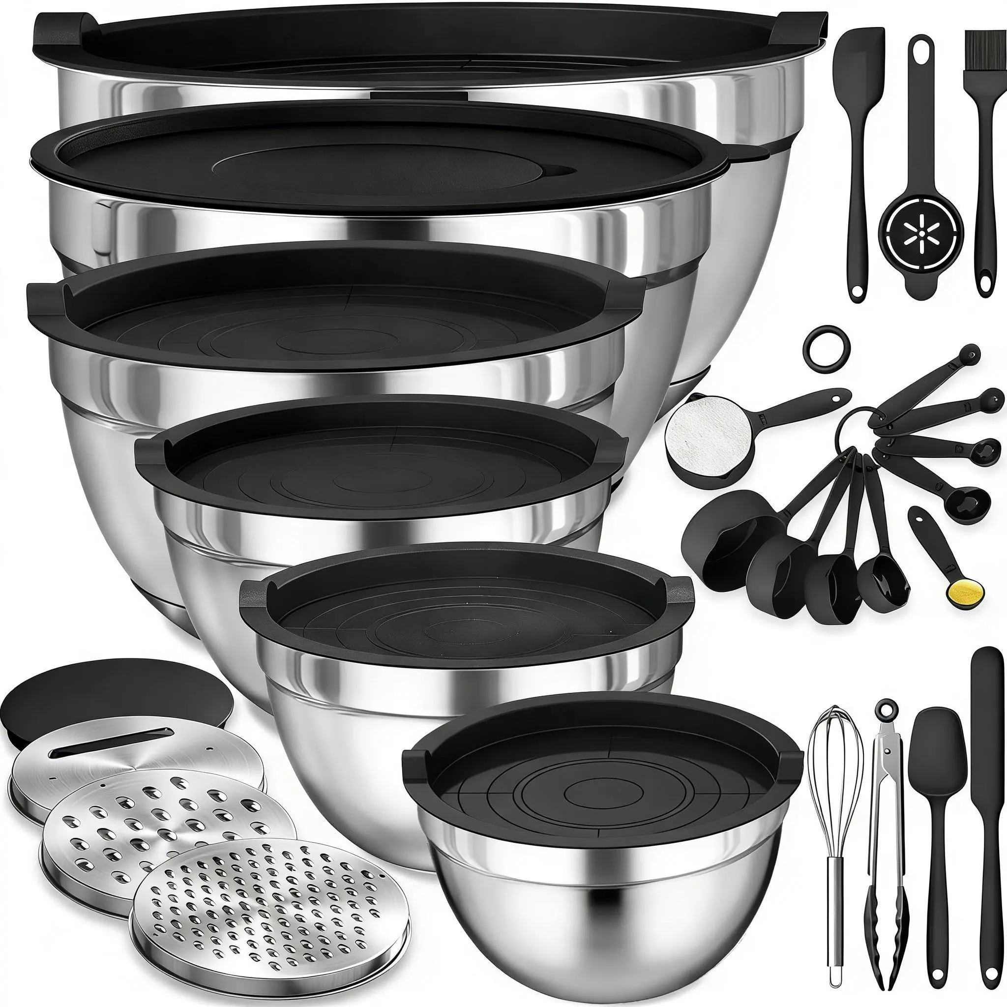 6PCS Stainless Steel Multi-Size Nesting Mixing Bowls Set with Airtight Lids, 3 Grater Attachments & Non-Slip Bottoms - Kitchen Tableware for Serving, Cooking, Mirror Finish