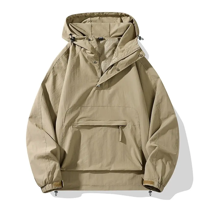 2026 Spring & Autumn Men's Nylon Half-Zip Hooded Pullover Jacket - Waterproof, Breathable, American Style Outdoor Hiking Workwear Clothes & Couples' Outfits Windbreaker