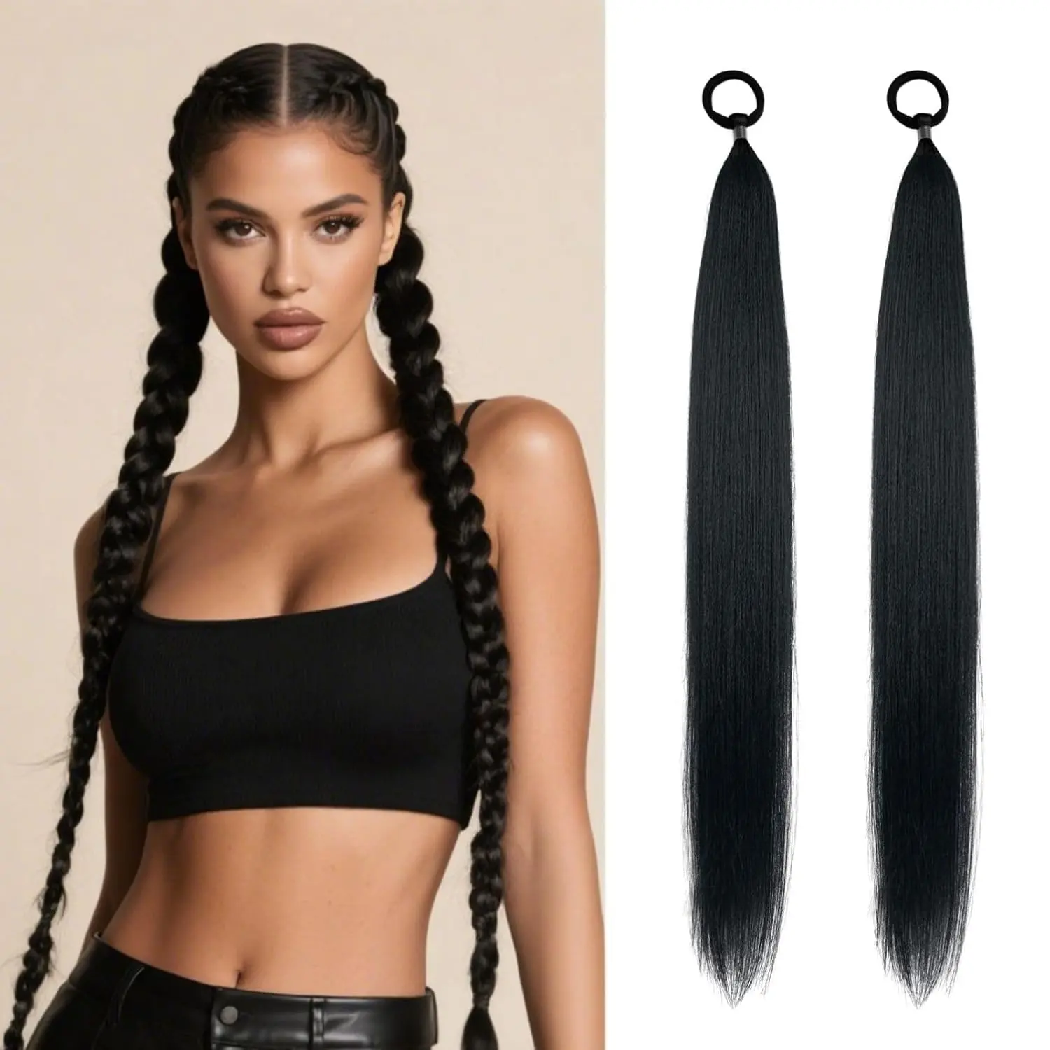 Black Ponytail Extension for Women, 2 Pack Braided  Extensions with Tinsel, 26 Inch Black Synthetic Ponytail Extension with Elastic Tie for Daily  & Dress Up Party