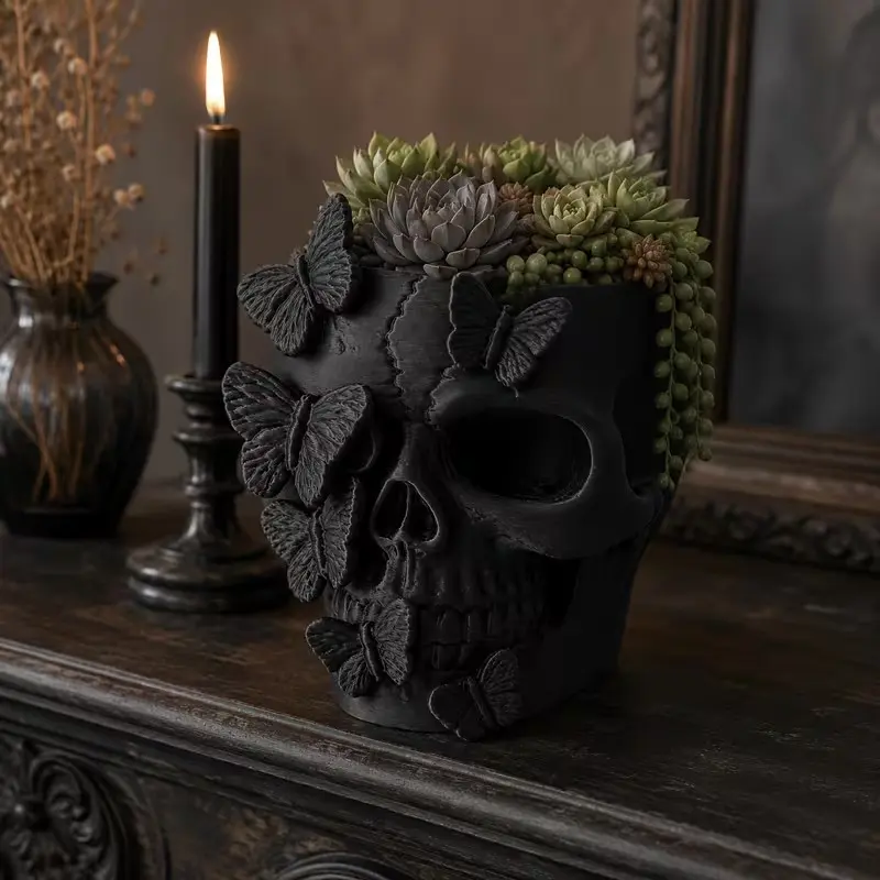 Gothic Butterfly Skull Planter, Vintage Gothic Style, Lightweight Plastic, Irregular Shape, Indoor Plant Pots, Garden Pot, Ideal for Succulents, Cactus Decor, Office Desk, Gift