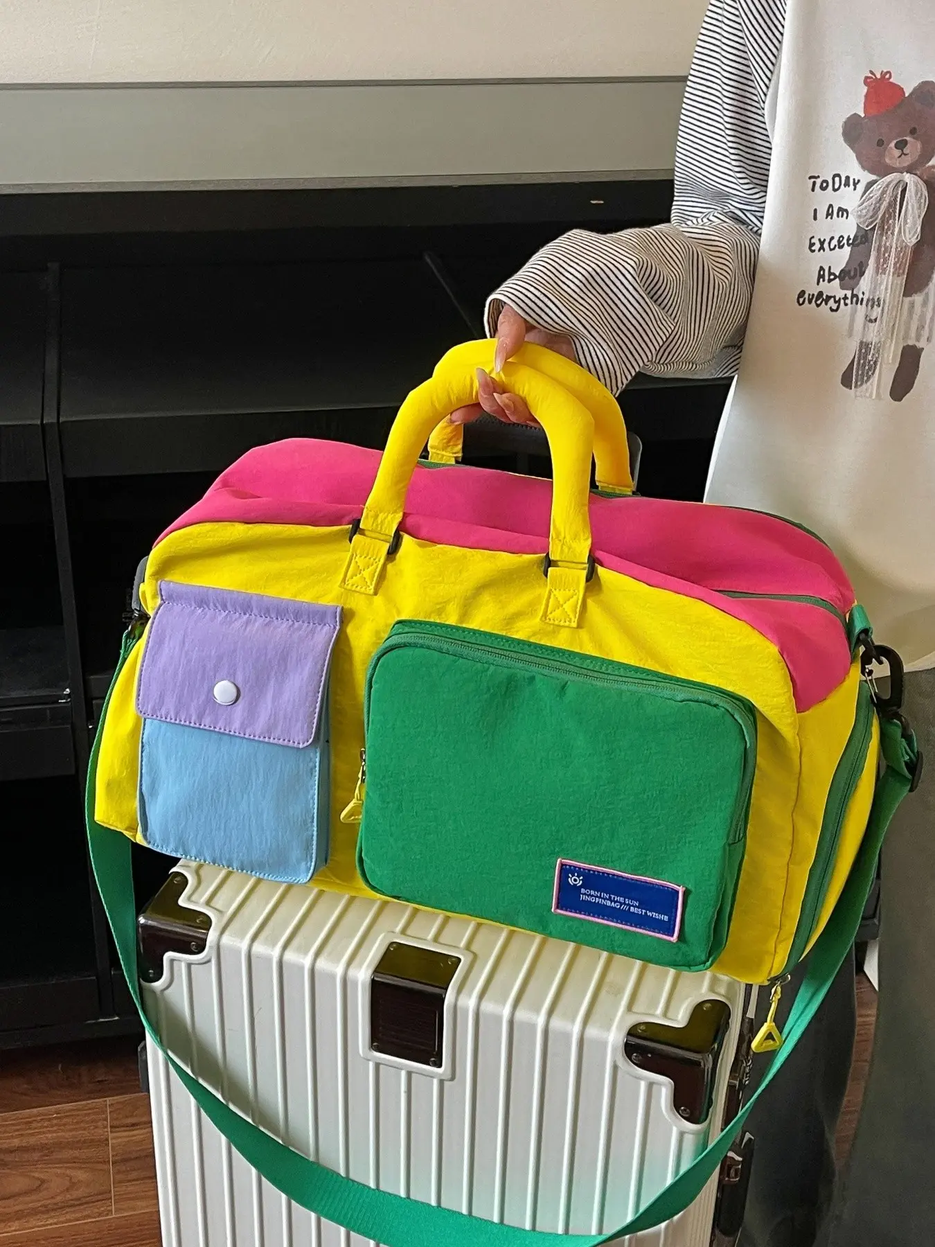 2026 New Color Block Multi-Pocket Travel Weekender Bag, Vintage Patchwork Canvas Handbag, Large Capacity Fitness Bag, Crossbody School Trip Airport Bag