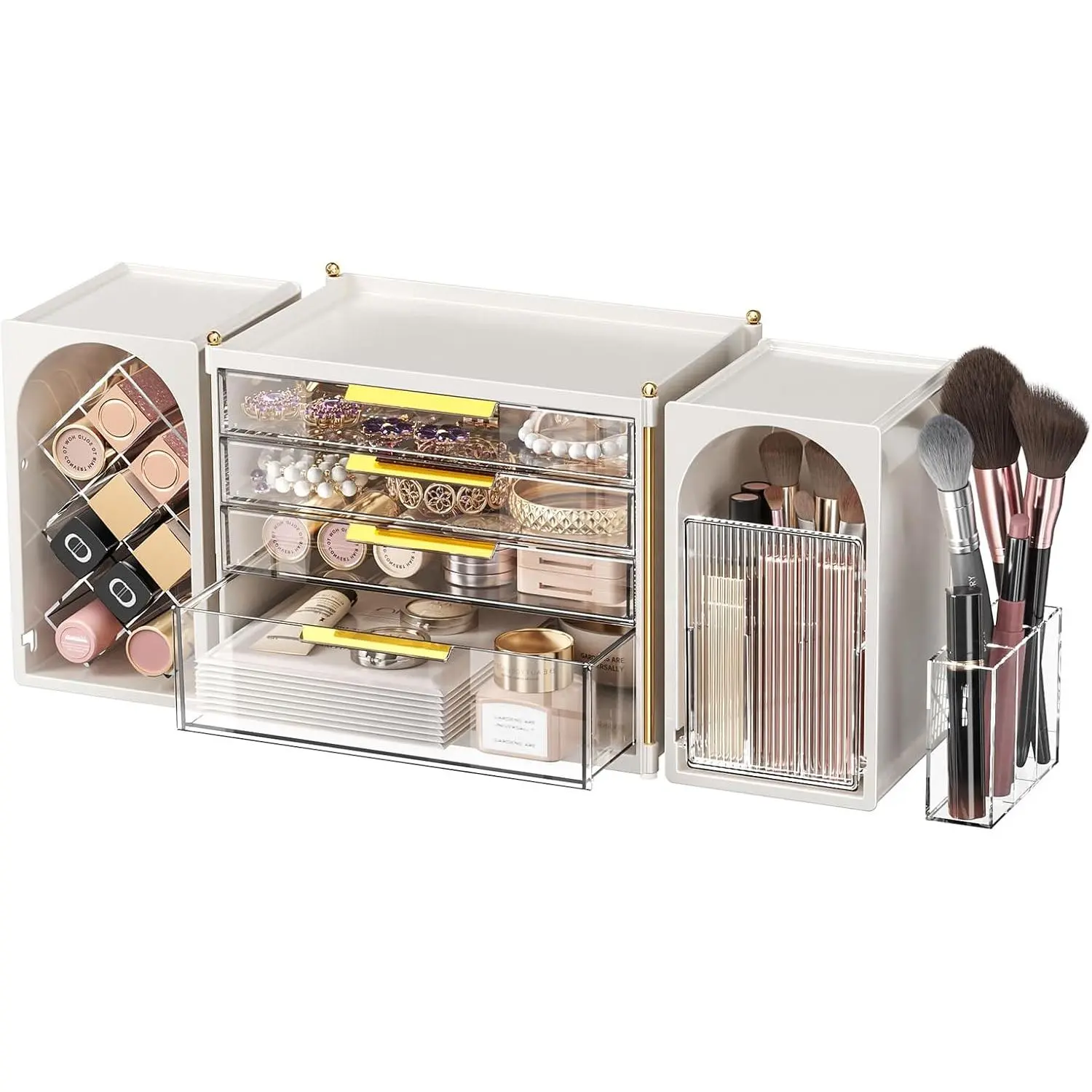 4-Tier Drawer Makeup Organizer, 3-in-1 Free Combination  Storage with Lipstick Holder & Brush Rack, Skincare Organizer with Mini Tray for  Bathroom Bedroom Dorm