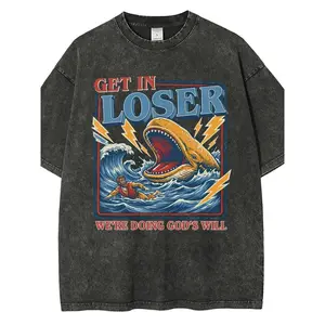 Men's Unisex Cotton Round Neck Oversized Washed T-Shirt - Christian Streetwear, Jonah and the Whale Graphic, "Get In Loser We're Doing God's Will" Verse, Faith Humor Fabric Style Religious Gift,summerwins,father'sdaygifts