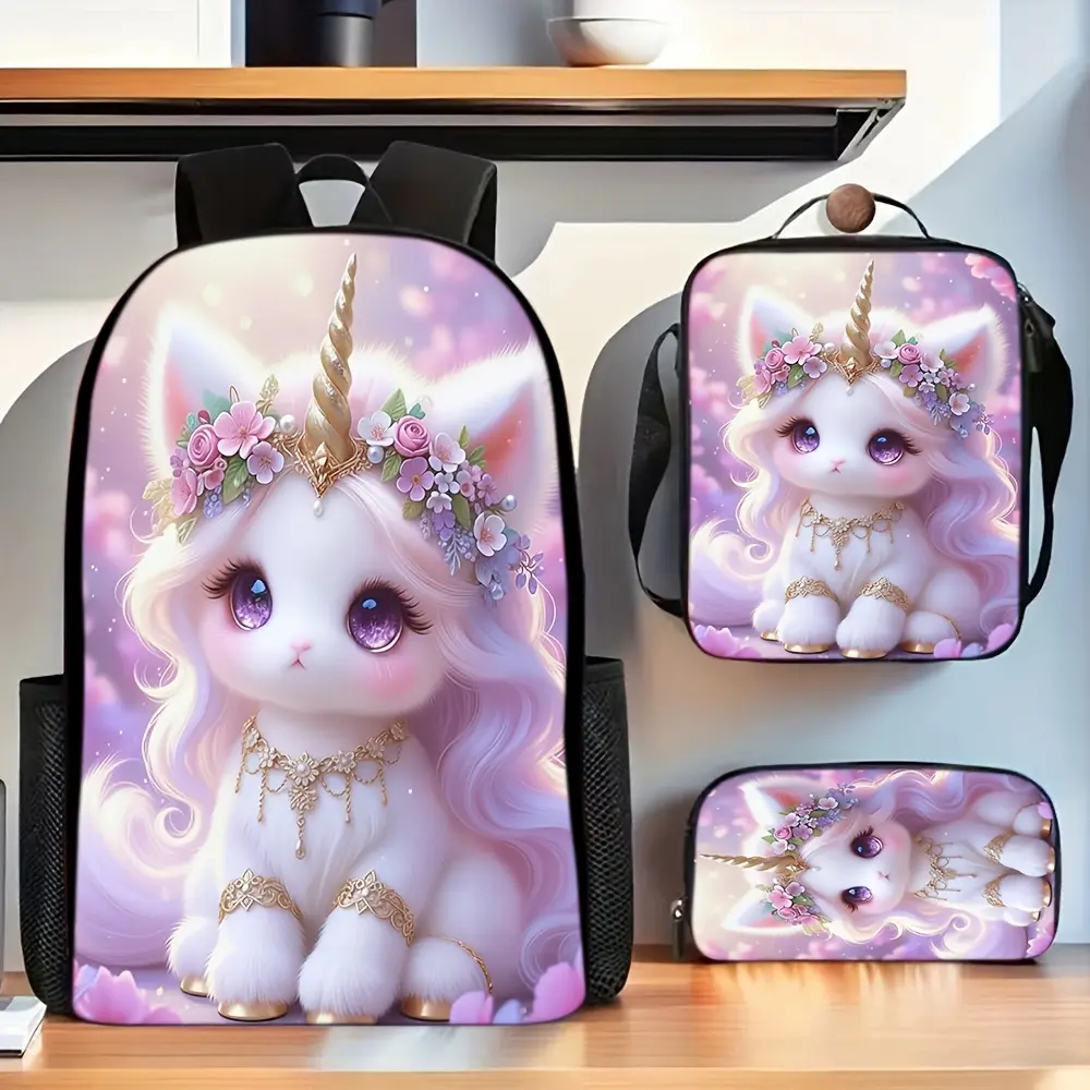Cute Pink Floral Unicorn Kitten Print Backpack 3pcs Set for Students Daily School And Outdoor Activities #   TikTokMadeMeBuyIt #   TikTokShop #   back to school #   Backpack set #   school gifts #   girls gifts #   boys gifts #   birthday gifts