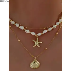 Seashell Starfish Necklace for Women – Summer Conch Shell & Pearl Beach-Style Layered Dainty Choker, 14K Gold Layered Statement Jewelry, Star Shine Necklace