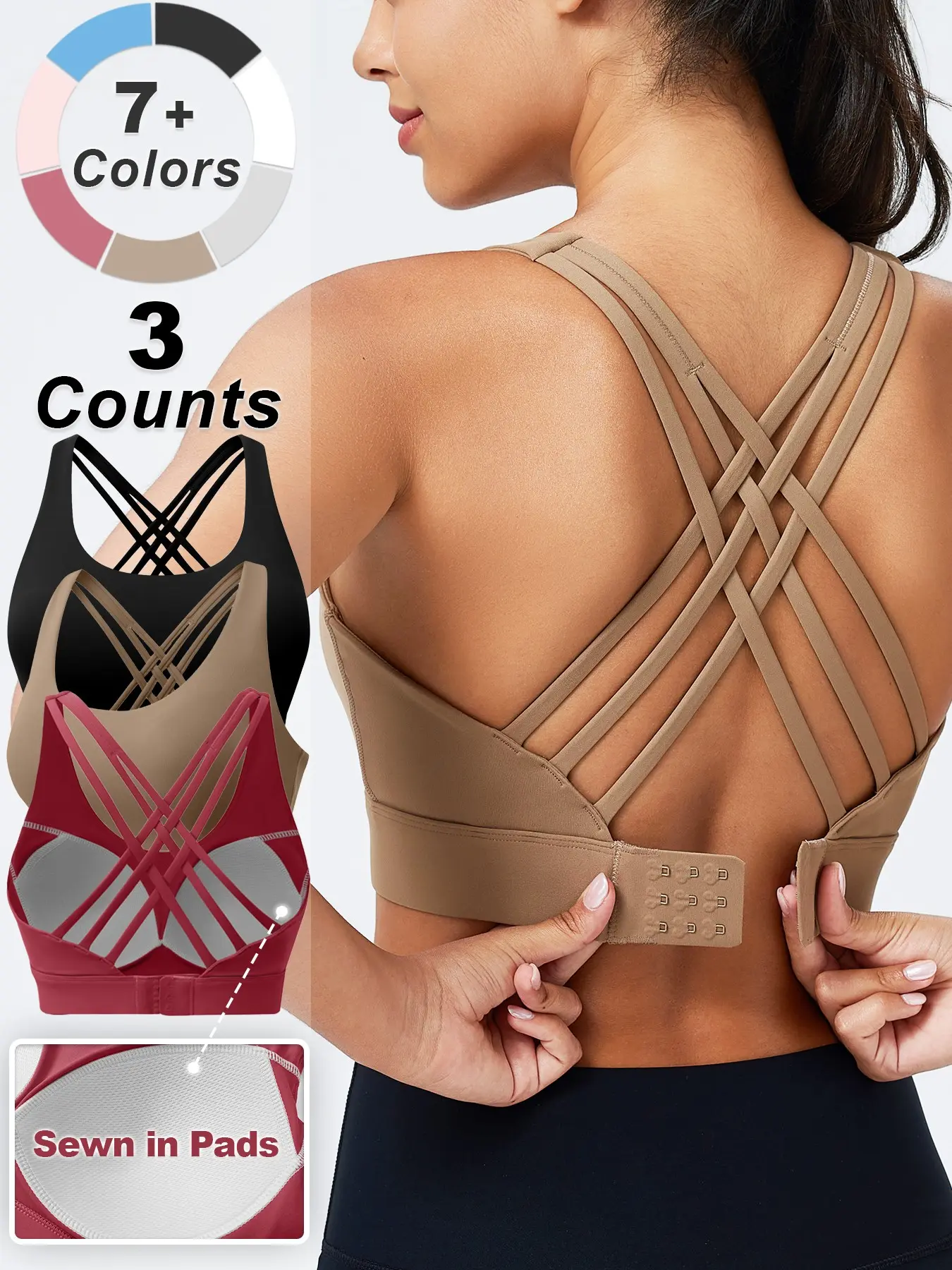 Sports Bra with Sewn in Pads,3 Row Adjustable Hook-eye Closure Criss-Cross Back,Soft and Breathable Non-removable Moulded Cups,High Impact Running Workout Bras for Women, Supportive Gym Bra,MothersDay Gifts