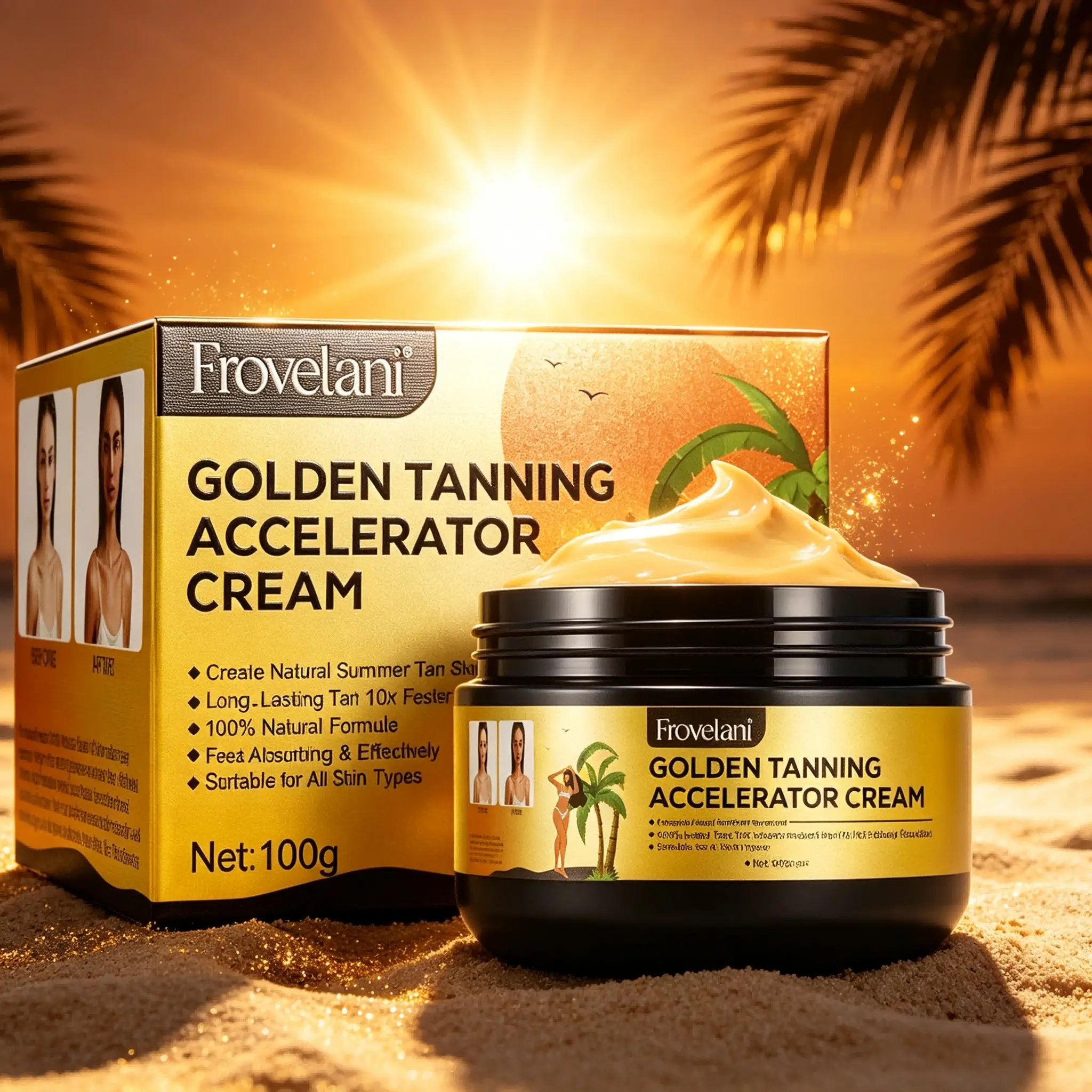 Frovetani Self-Tan Beauty Cream 100g, Golden Accelerated Tan, Moisturizing, Enhances Skin Glow, Long-Lasting, for Body and Face