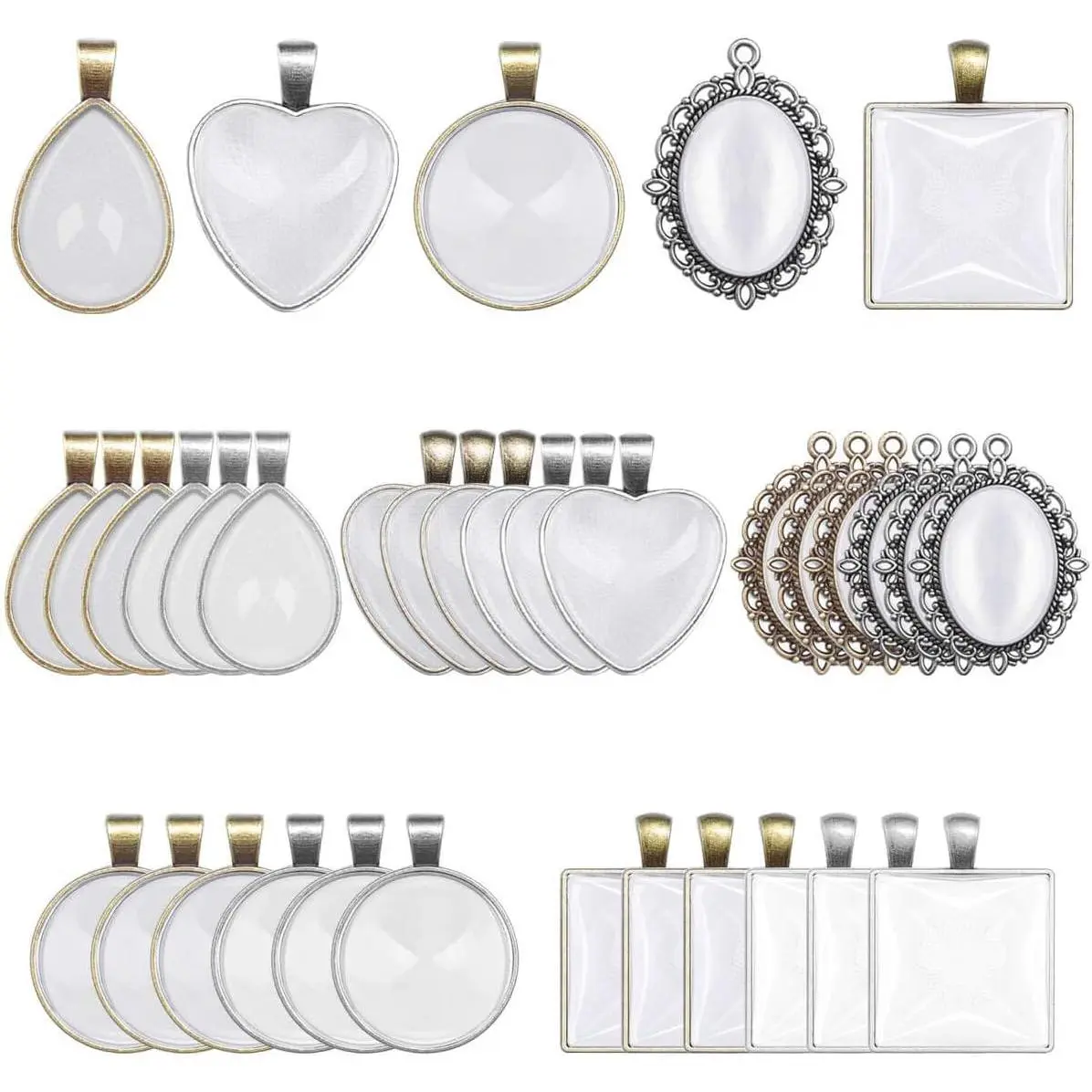 60 count Pendant Trays, Bezel Pendant Trays Blanks with Glass Cabochons for Pendants Making and  Making, 5 Styles