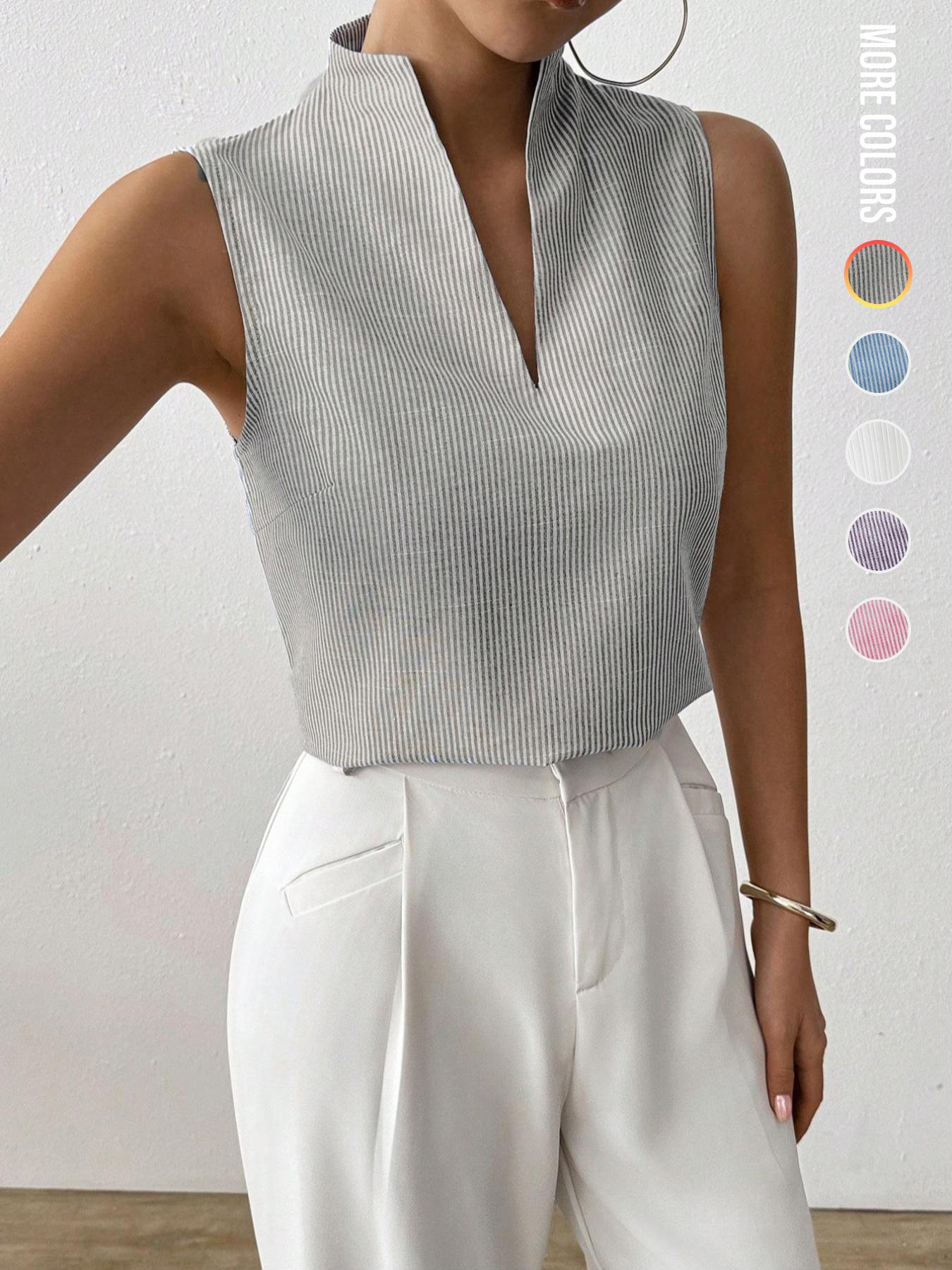 Women's Striped Print Curved Hem Tank Top, Casual Chic Sleeveless Top for Work Office Business, Ladies Clothes for Summer, Womenswear