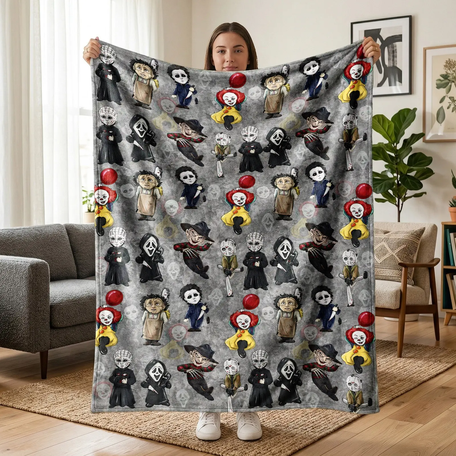 1pc Gray Background Halloween Horror Movie Themed Flannel Blanket, Full Print Pennywise Clown, Michael Myers, Ghostface, Freddy Krueger, Leatherface, Pinhead, Jason Voorhees, Gothic Dark Style. Soft Warm Cozy Nap Blanket, Suitable for Sofa, Bed, Office, S