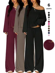 Women's 2 Piece Matching Lounge Set, off the Shoulder Long Sleeve Top, Drawstring Adjustable Wide Leg Pants, Casual Sweatsuit Fit, All Seasons Womenswear Loungewear, Loose Fitting Sleepwear