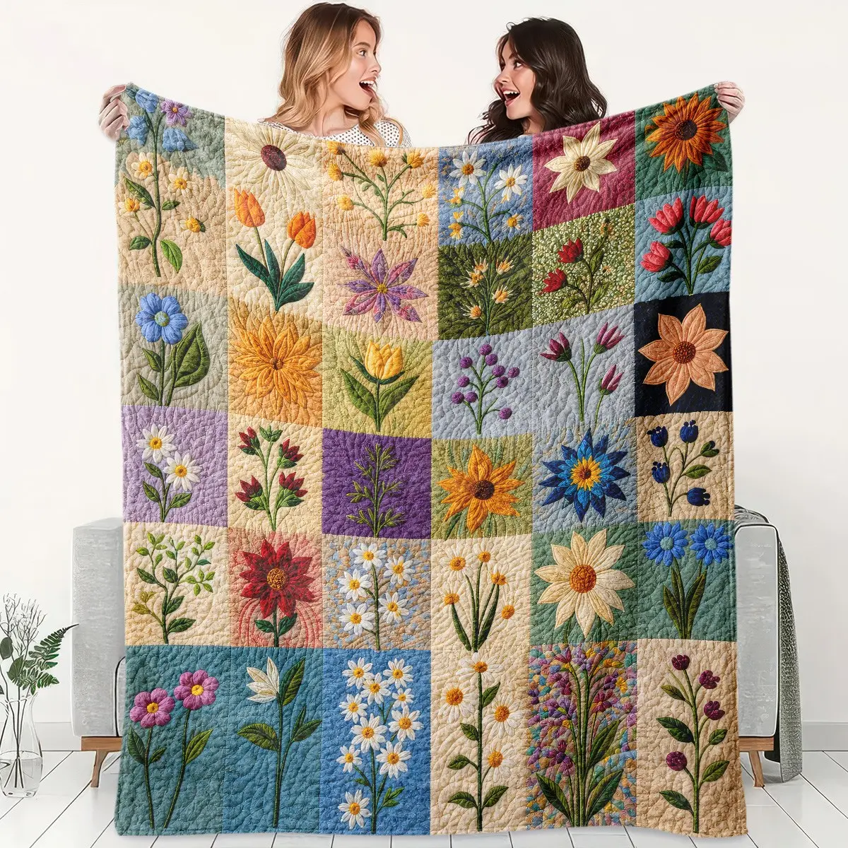 1pc Vintage Floral Patchwork Fleece Blanket, Sunflowers, Tulips, Daisies & Colorful Wildflowers Grid Patch Print, Fresh Country Handmade Quilt Style. Soft Multi-use Throw for Sofa, Bed, Office, Camping, Perfect Christmas Gift. Cozy Throw Blanket