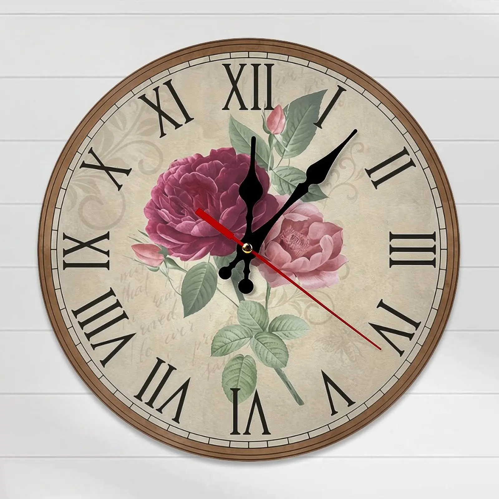 Vintage Roman Numeral Analog Clock - 10in/12in Blush Pink Wood Wall Clock, Easy Install, French Country Romance Decor, Shabby Chic Floral Farmhouse Bedroom Time Piece (Assembly Required)