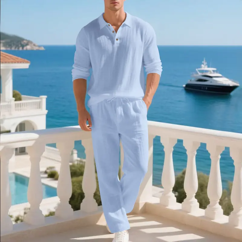 Men’s Spring Fall Linen-Blend Polo Shirt and Pants Set, Casual Long Sleeve 2-Piece Outfit, Lightweight Breathable Relaxed Fit Matching Set for Daily Wear, Travel, Vacation, Business Casual, Outdoor Activities and Comfortable Loungewear