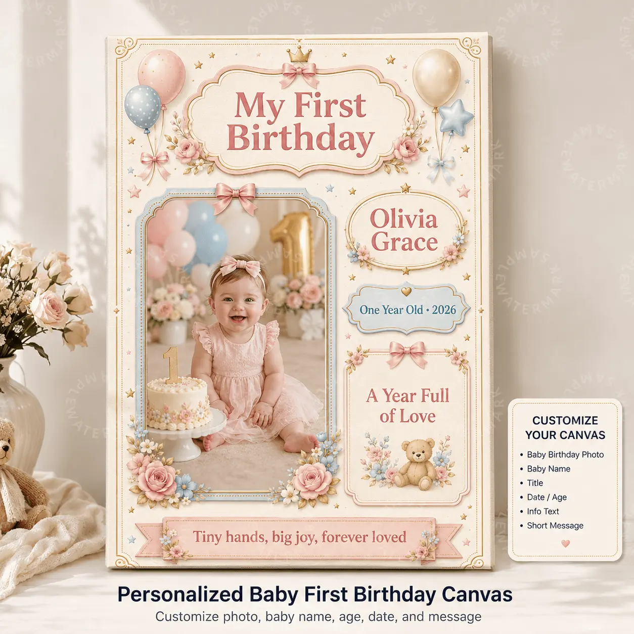 Personalized Baby First Birthday Canvas, Custom Photo Baby Name Age Date Message Wall Art, Pink Blue Floral Balloon Aesthetic Poster, Nursery Bedroom Living Room Decor, 1st Birthday Gift, Baby Keepsake