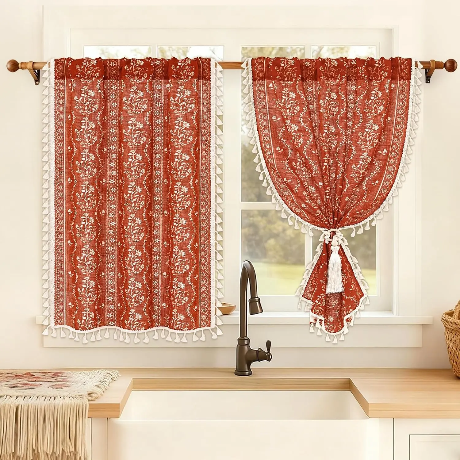 Yinhua 36 Inch Boho Kitchen Tier Curtains, Vintage Linen Burnt Orange Terracotta Light Filtering Floral Rod Pocket Farmhouse Rustic Tassel Cafe Drapes with Tiebacks, 2 Panels