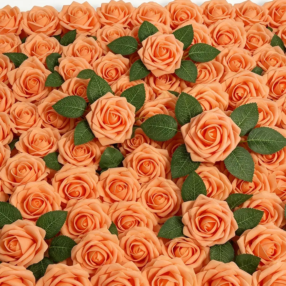 Decorative Orange Rose Fake Flowers - 50pcs Foam Bouquets with Flexible Stems, 8 Leaves, Realistic, DIY-Friendly for Wedding Centerpieces, Home Decor
