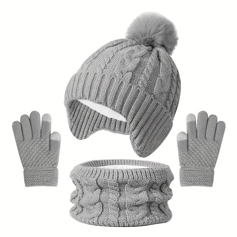 3pcs Winter Warm Hat, Gloves & Scarf Set - Soft Stretchable -like Ear Protection Outfit with Pink Bow-like Pom-Poms, Beige//Gray Color Options for Boys & Girls (Ages 3-8) - Hand Washable Cold Weather