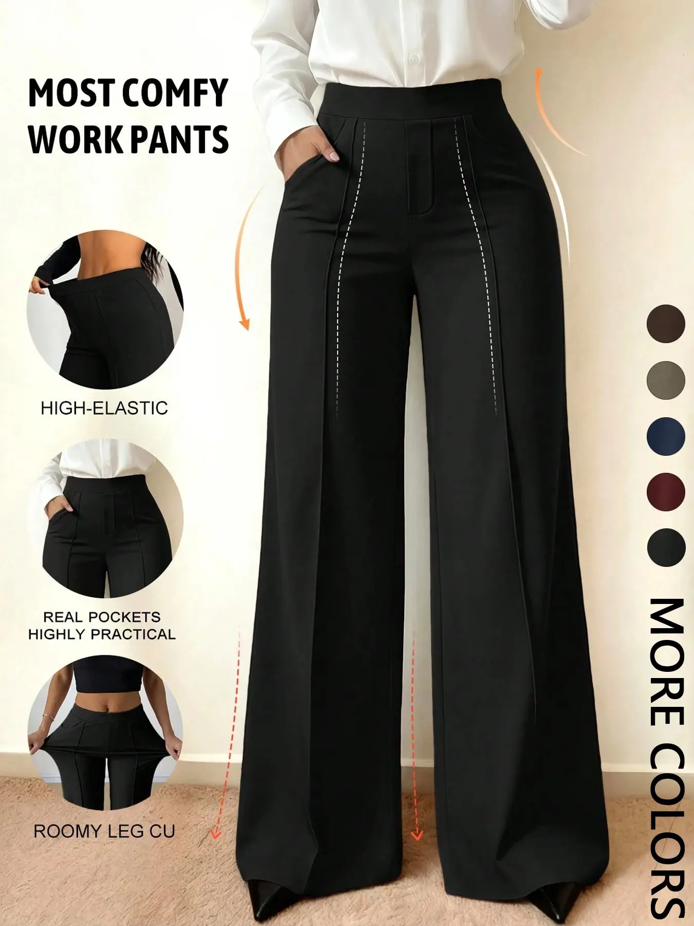 Wide Leg Office Pants, Front Split with Pockets, Loose Fit Slimming Suit Pants, Casual Daily Wear, Comfortable and Stylish