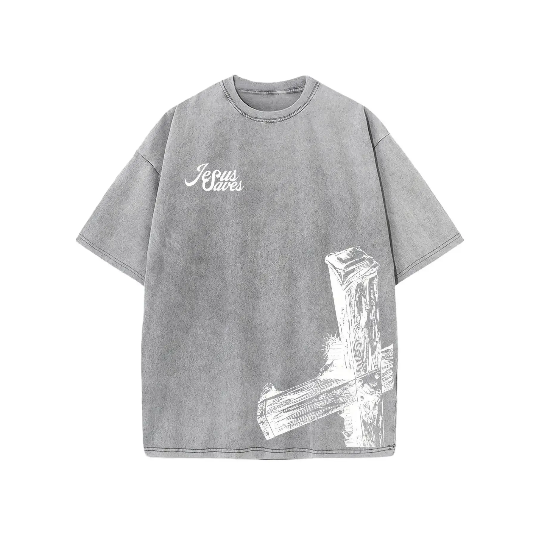 Men's Classic Jesus Graphic T-Shirt - Elegant Washed Cotton Streetwear Tee, Silky-Soft and Breathable Garment for Travel, Shortsleeve, Round Neck, Fabric, Natural