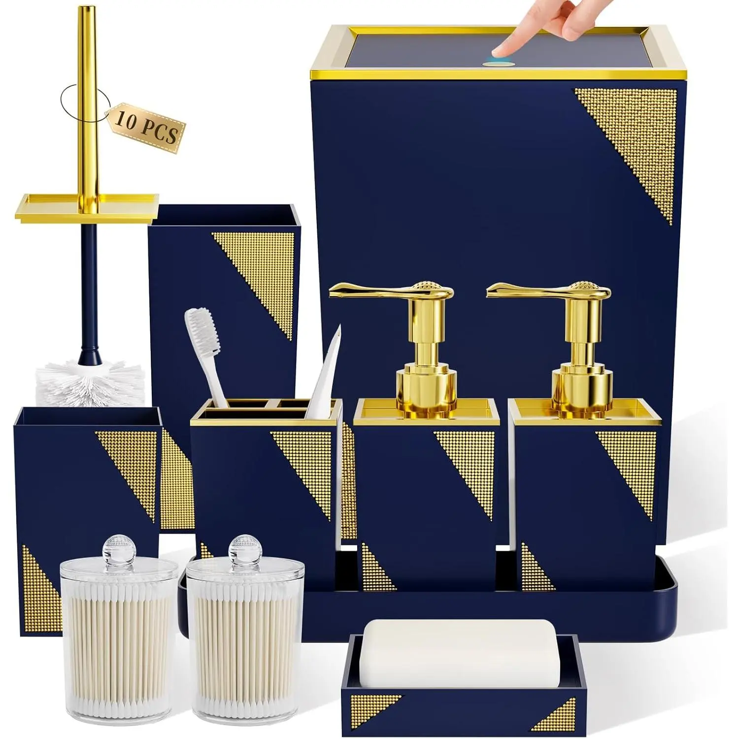 10-Piece Navy Blue Shiny Diamond Design Bathroom Accessory Set - Home Bathroom Supplies with Pop-Up Trash Can, Toilet Brush Holder, Soap Dispenser, Toothbrush Holder, Tumbler, Soap Dish, Vanity Tray, and Jars