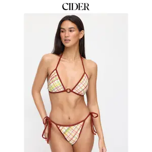 Cider High Stretch Halter Neck O-Ring Checks Triangle Bikini Set