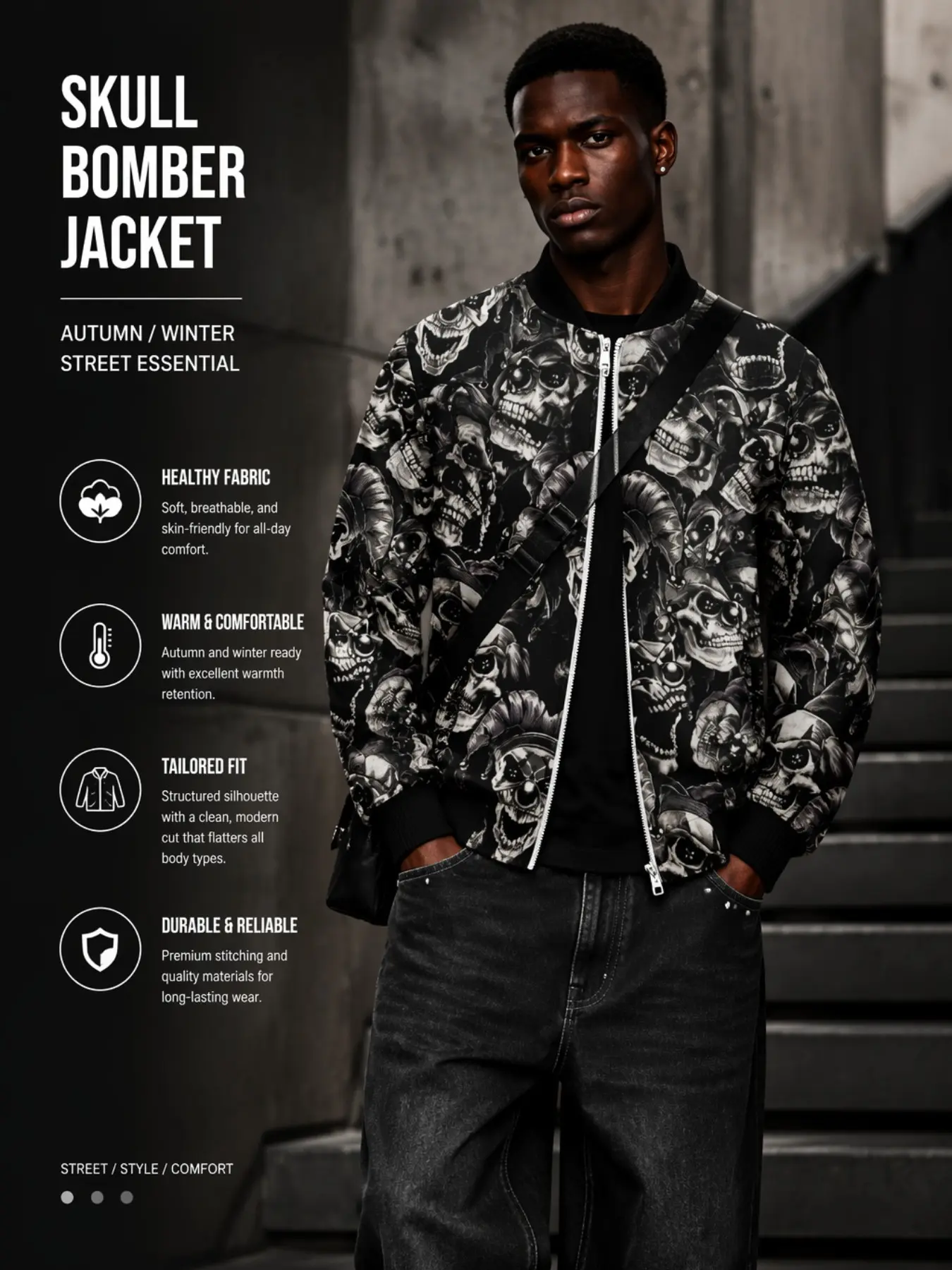 Men's Gothic Devil Skull Print Zipper Jacket, Vintage Full Print Baseball Collar Sporty Jacket, Dark Streetwear Fall Winter Coat