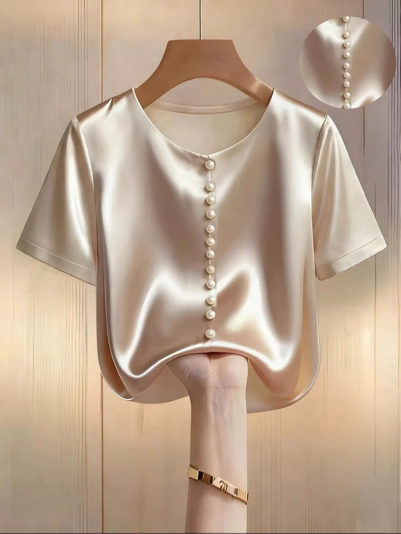Elegant Women's Satin Smooth Round Neck Short Blouse Shirt Tops with Beaded Embellishments, Slim Fit, Stylish and Chic Design, Perfect for Formal Special Occasions and Daily Wear