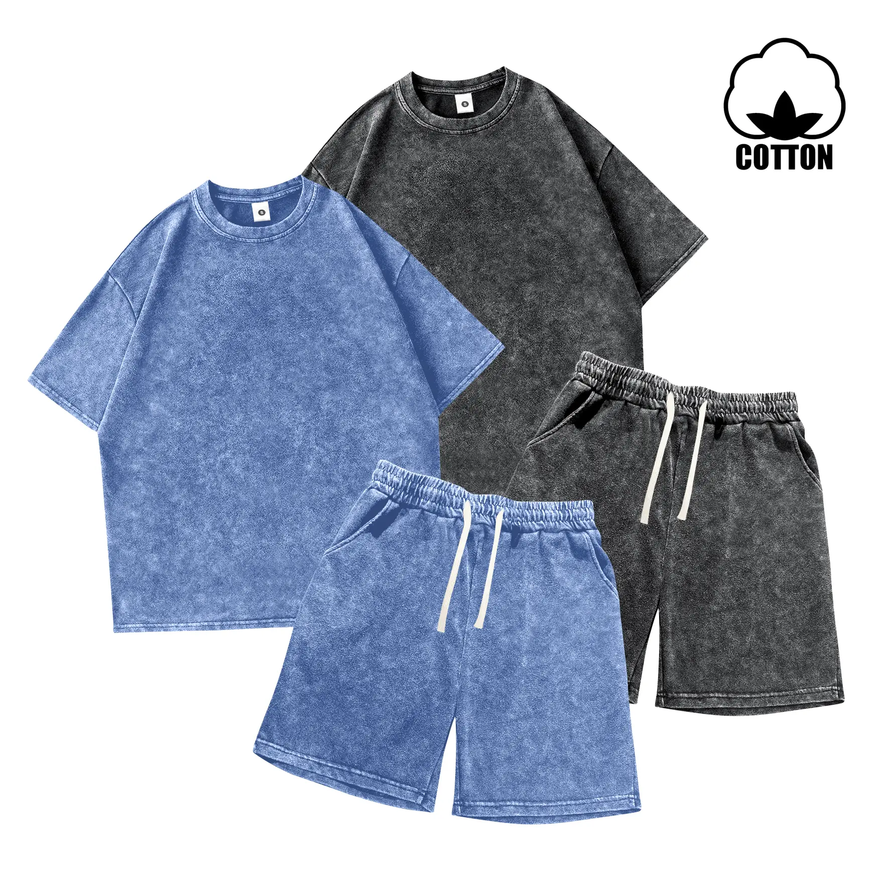 Men's Summer Lightweight Cotton 2-Piece Outfit: Vintage Snow-Wash Distressed Short Sleeve T-Shirt and Elastic Waist Drawstring Pants with Pockets - Trendy Casual Wear Sports Vacation Fishing Camping Outdoor Matching Sets Lounge Tracksuit Clothes Menswear