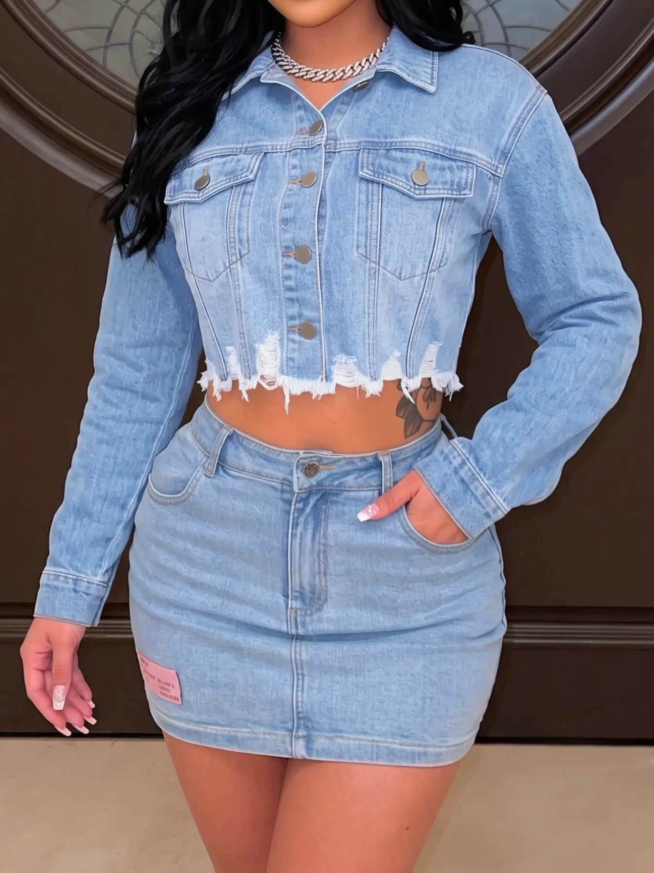 Women's 1 Piece Light Wash Distressed Frayed Hem Long Sleeve Cropped Denim Jacket Fit, Casual Streetwear for All Seasons, Daily Wear Everyday Coats