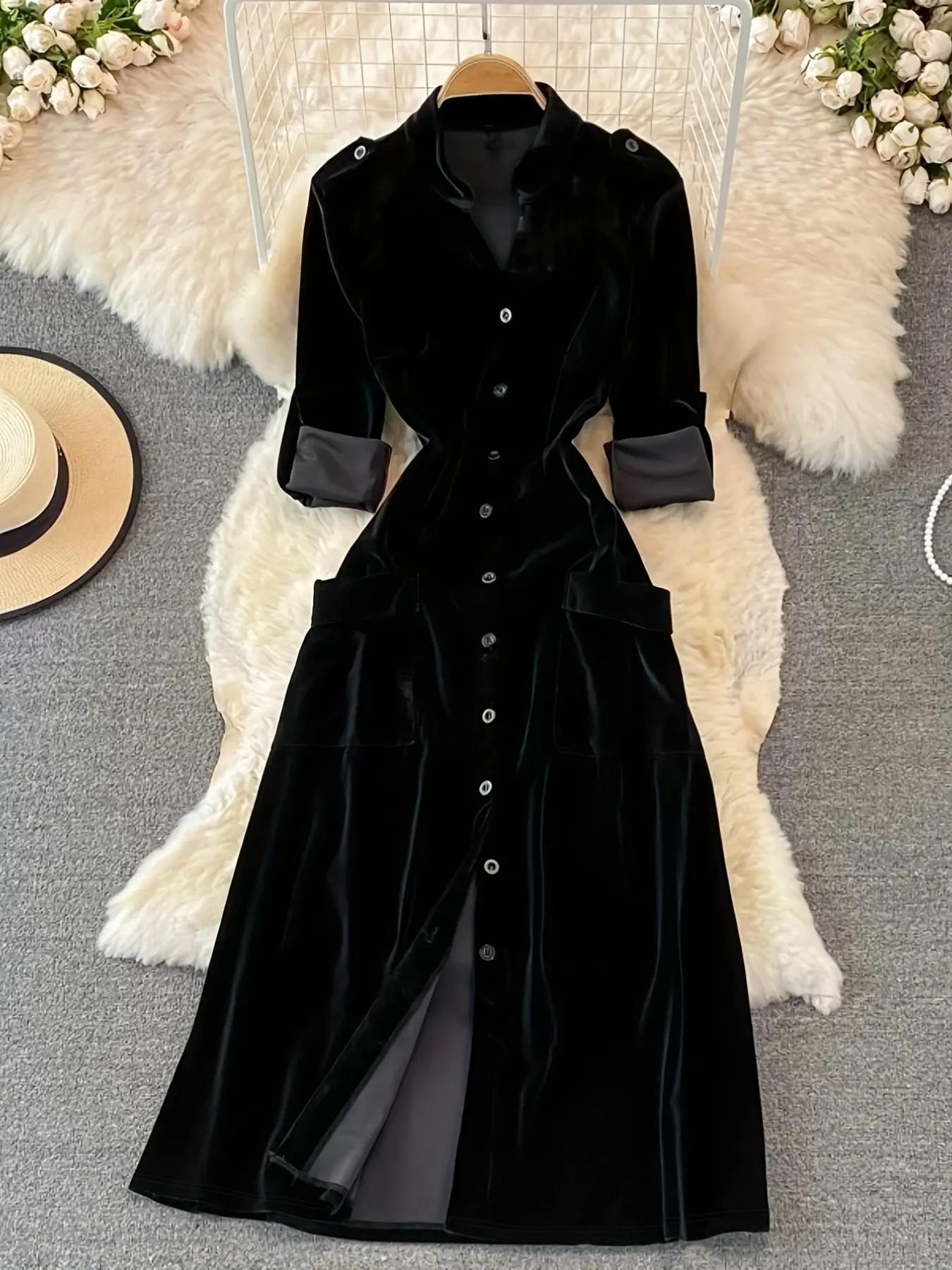French Style Autumn Winter Vintage Waist Cinch Pocket Single Button Gold Velvet Open Front Dress, Long Women's Dress, Elegant and Chic