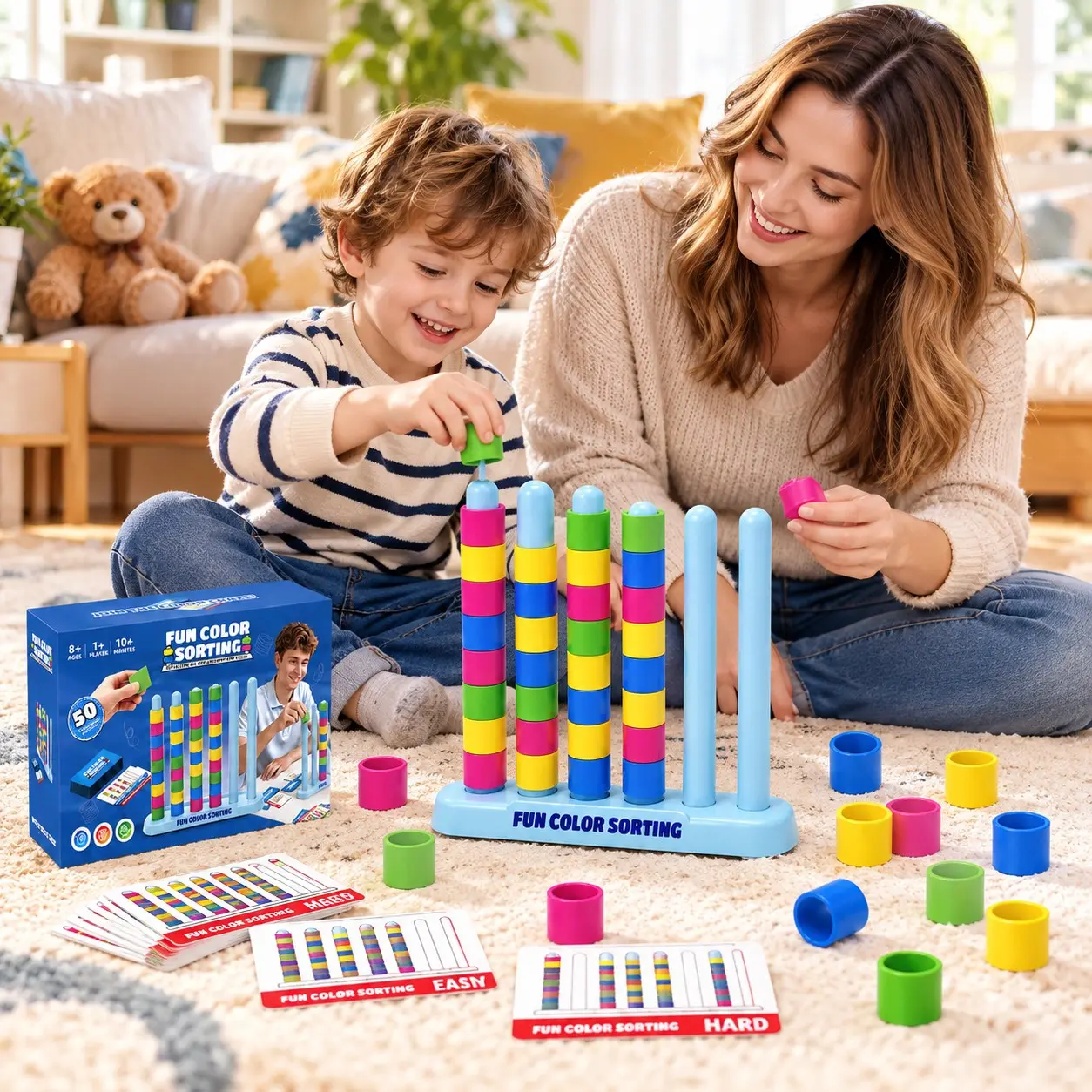 2-Person Fast-Paced Color Sorting Stacking Game Toy, Stem Early Learning Puzzle, Enhances Hand-Eye Coordination, Ages 3-8, Family Fun
