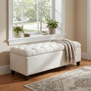 51” Ottoman Bench with Storage, Boucle Upholstered Storage Bench for Bedroom, End of Bed Bench with Button Tufted Cushion, 300 LBS Capacity, Easy Assembly (White)