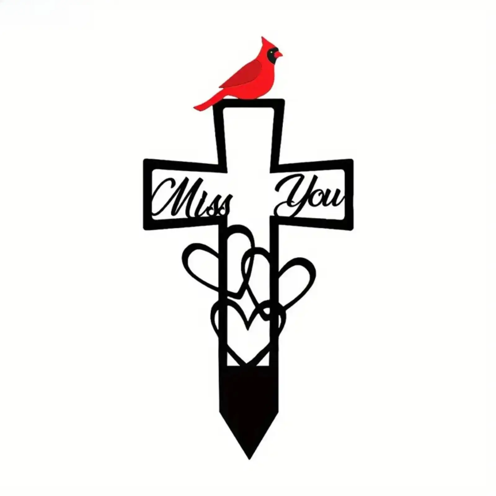 Metal Cross Grave Marker Stake with Red Cardinal Bird, Sympathy Miss You Memorial Yard Decor for Cemetery Garden Lawn