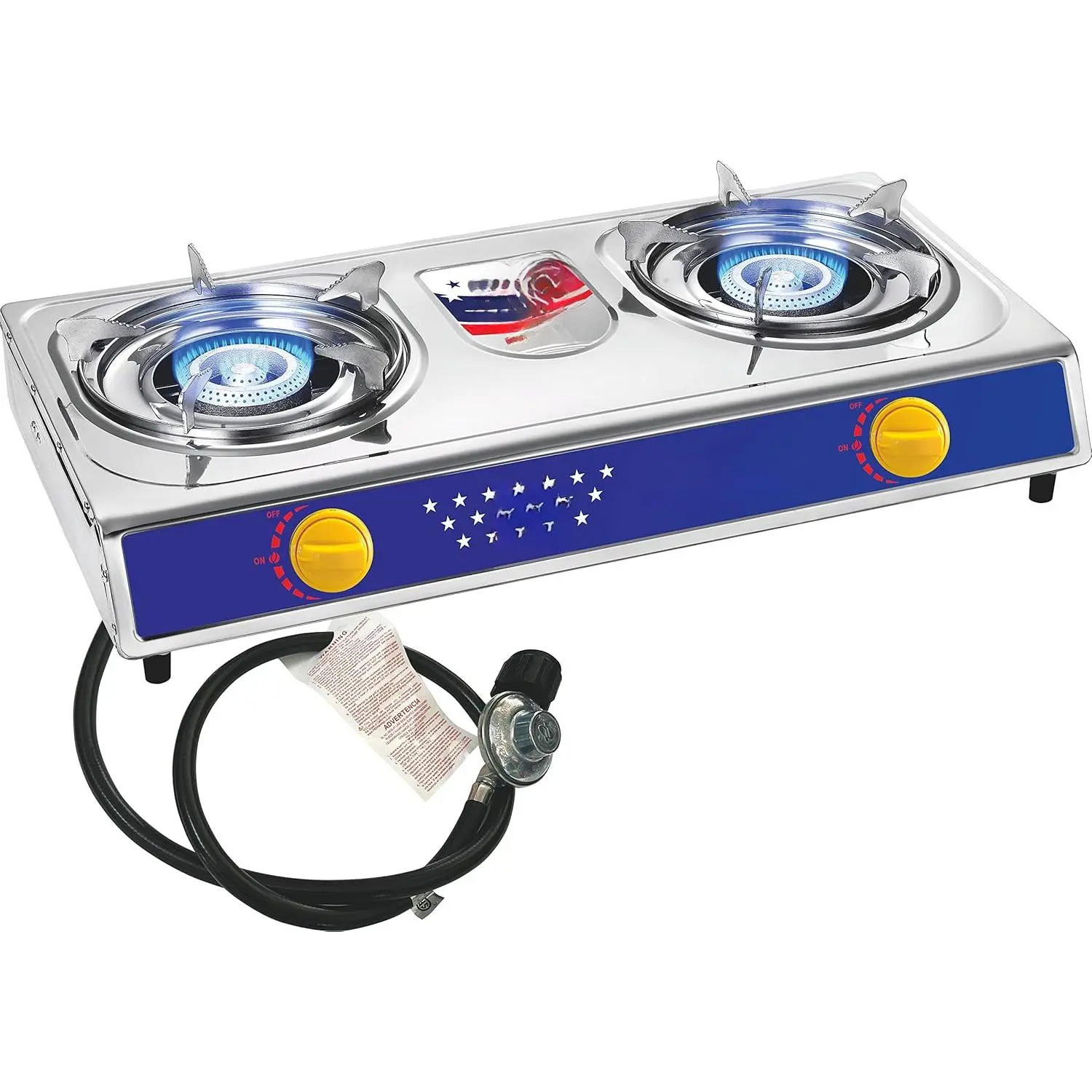 New 2-Burner 20000 BTU Portable Propane Stove, Metal Camping Gas Cooktop with Auto Ignition, Quick Setup Hose & Regulator, Easy Flame Control Knobs for Backyard BBQs, RV Emergency Use, Stable Pan Support