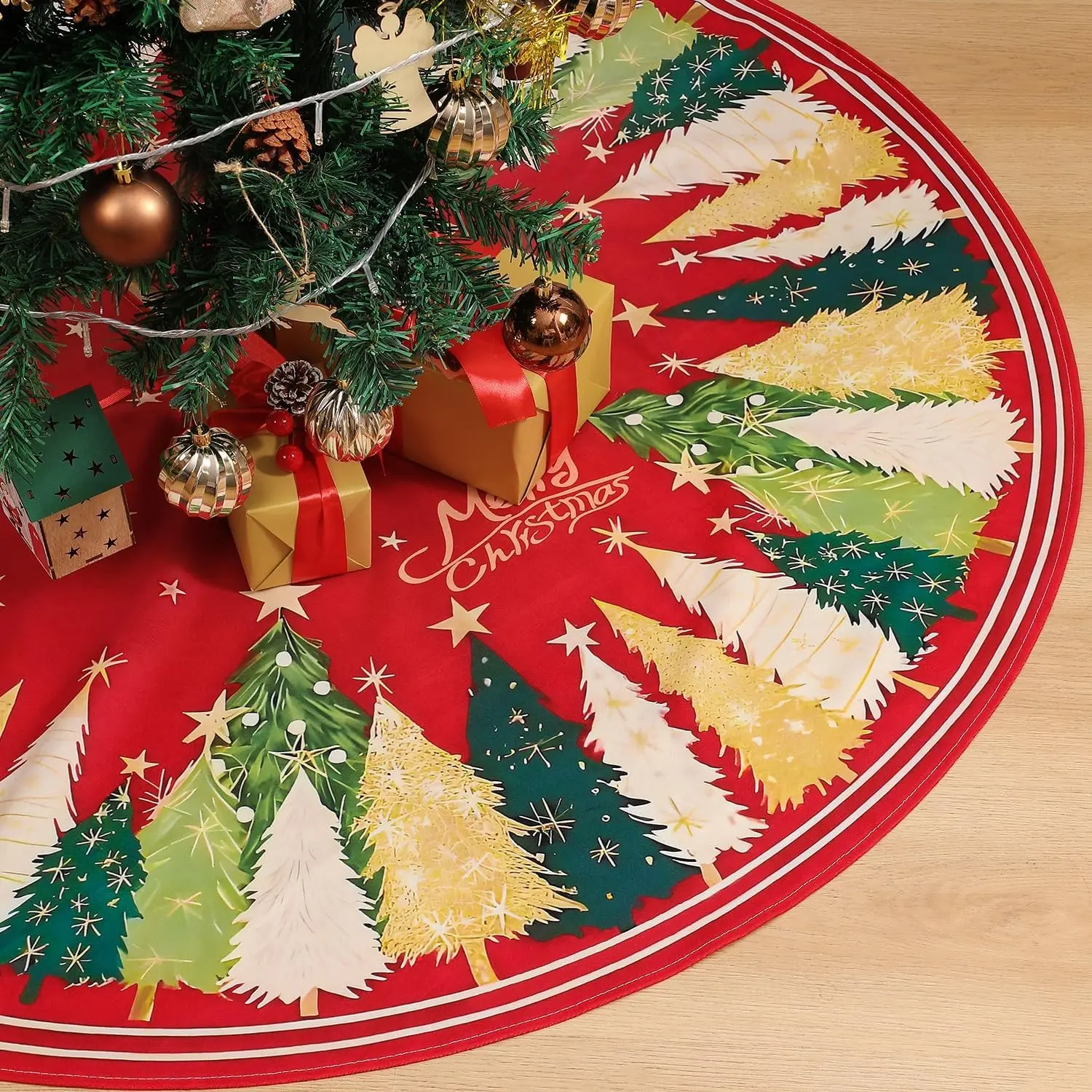 Christmas Tree Skirt with Tree and Star Design, Polyester Material, Festive Holiday Decoration, 1pc Christmas Tree Skirt