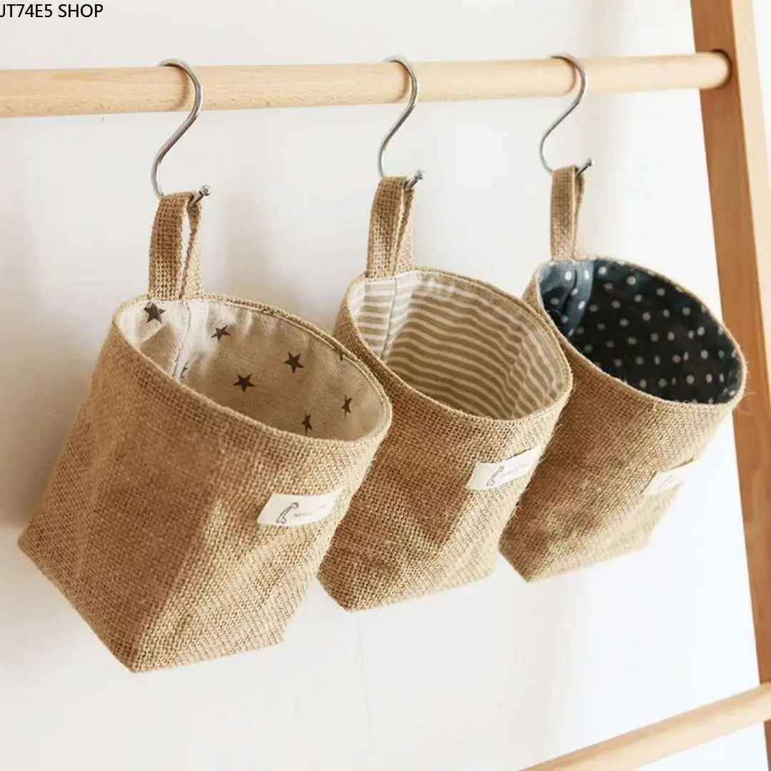 Cotton Linen Hanging Pouch, Lightweight Jute Wall Organizer for Door or Bathroom, Multi-Pocket Toiletry Hold for an Organized Look