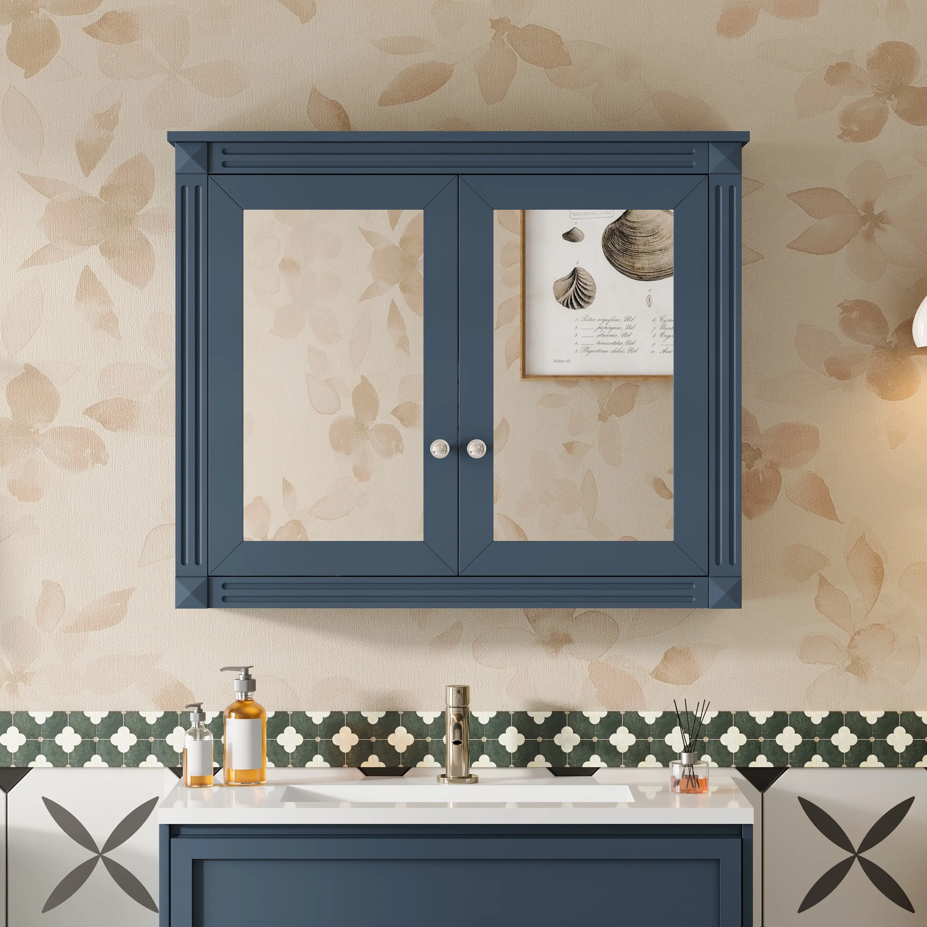 ARCH 36 x 28 Inch Wall Mounted Bathroom Medicine Cabinet with 2 Mirrors, Solid Wood & MDF Blue Painted Mirror Cabinet, 2 Adjustable Shelves, Concealed Storage Organizer for Bathroom, Wall Cabinet, Blue Color Options, Solid Wood+MDF Material