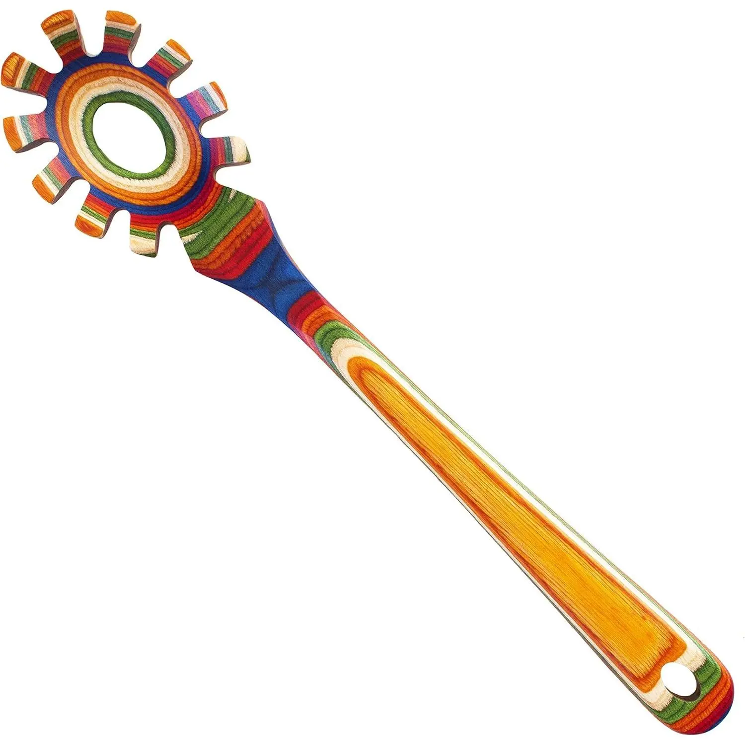 Baltique Marrakesh Collection 12.5" Wooden Spaghetti Spoon, Colorful Birch Wood Pasta Server with Teeth for Noodle Portioning, Stirring & Serving