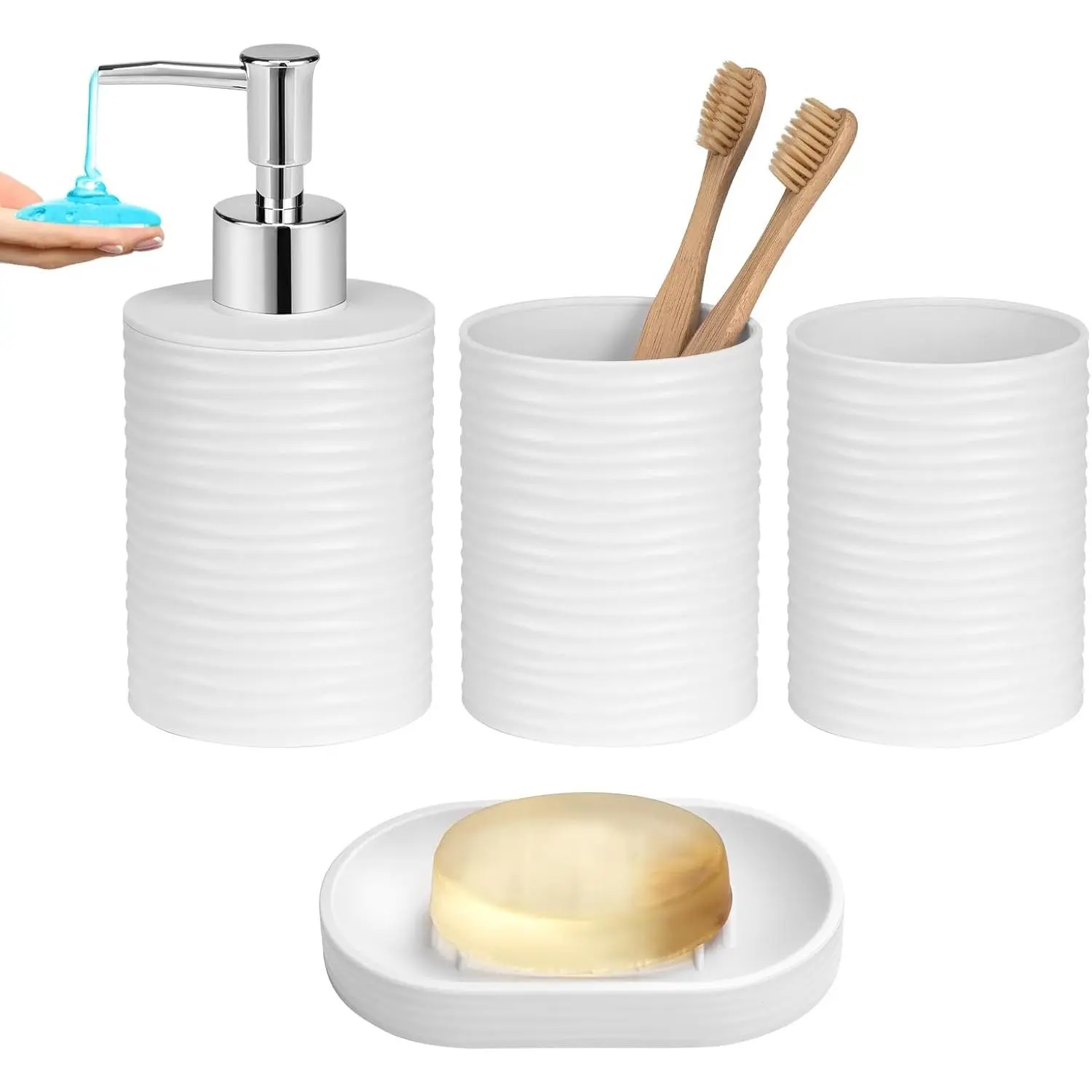 Plastic Bathroom Accessories Set 4Pcs, White Bathroom Accessory Set Includes Liquid Soap Dispenser with Rust-Proof Plastic Pump, 2Pcs Bathroom Cup, Soap Dish for Modern Home Apartment