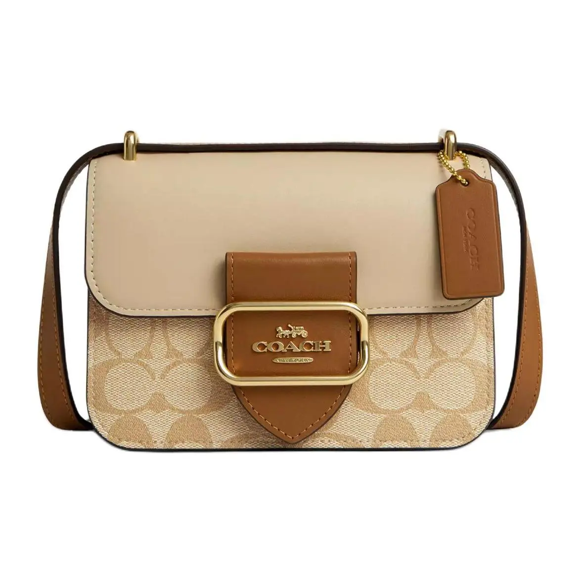 COACH Morgan Square 18 Printed Color-Block Coated Canvas Crossbody Bag for Women, Light Khaki