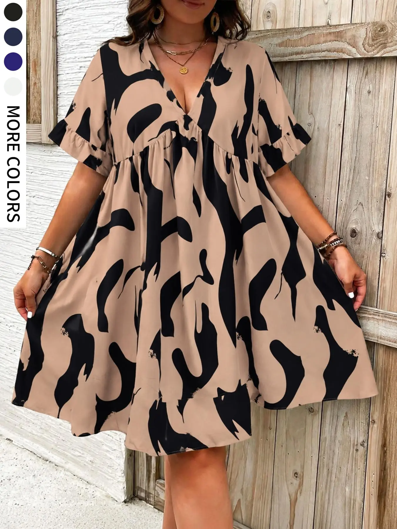 Elegant Plus Size V Neck a Line Dress, Half Sleeve All over Print, Loose Fit, Casual Wear, Garden Party, Graduation Season, Boho Sundresses