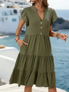 Casual Vacation Retro Military V-Neck Ruffle Patchwork A-Line Dress, All Seasons Fashion, Comfortable and Stylish Design