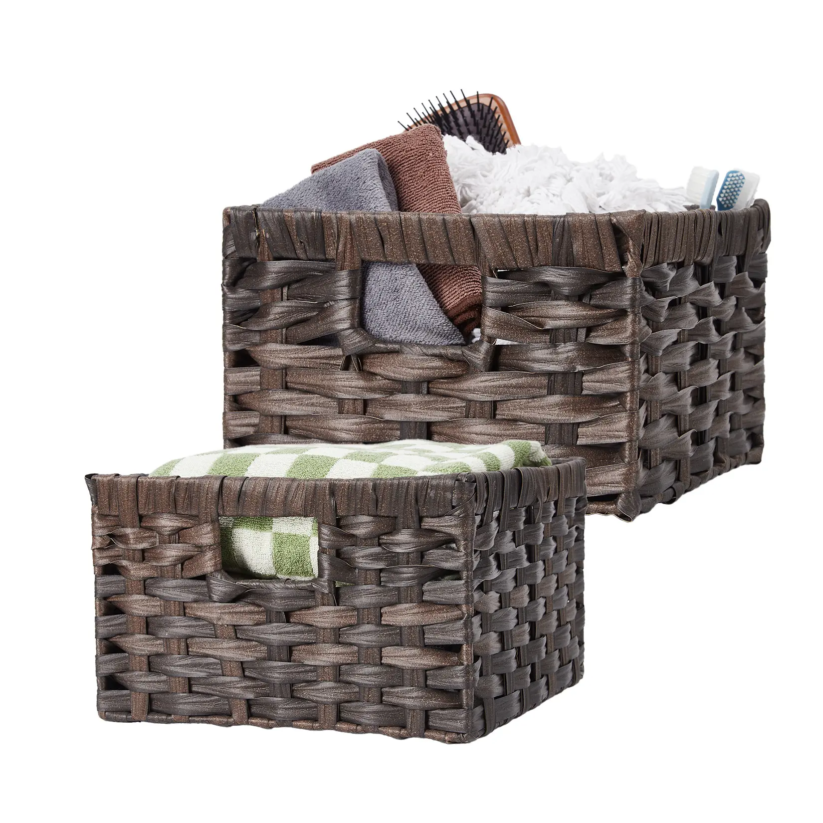 Handwoven Water Hyacinth Storage Baskets, Set of 2 – Wicker Organizer Bins with Built-in Handles – Decorative & Durable – Ideal for Home, Living Room, Closet – Brown – Size L: 29x29x18cm, M: 26x26x16.5cm