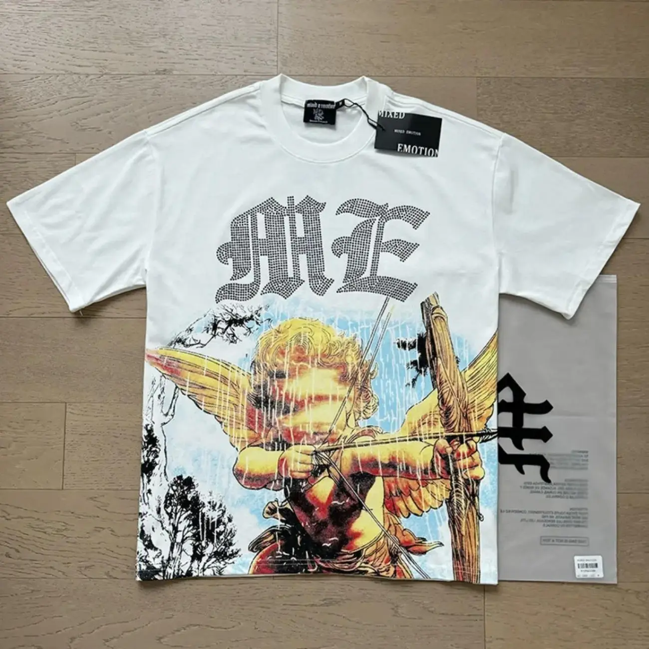 Mixed Emotion Diamond Angel Graphic Tee, Vintage Washed Cotton T-Shirt for Streetwear, Oversized T-Shirts Tee Casual Hip Hop Y2K Summer Short Sleeve Top